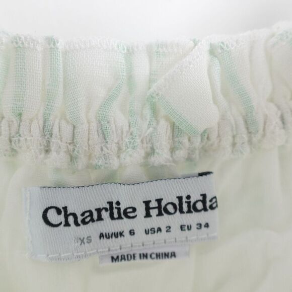 Charlie Holiday Linen Cotton Smocked Mini Dress Stripes Palm Trees Size 2 - Picture 9 of 11